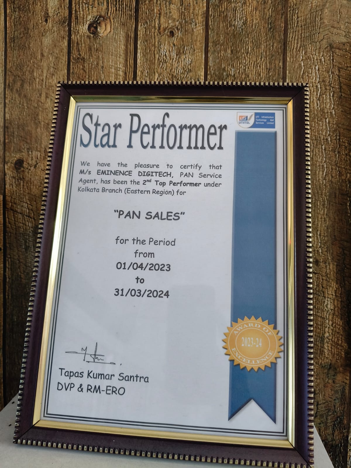 Best UTI PAN Application Achievement – FY 2023–2024